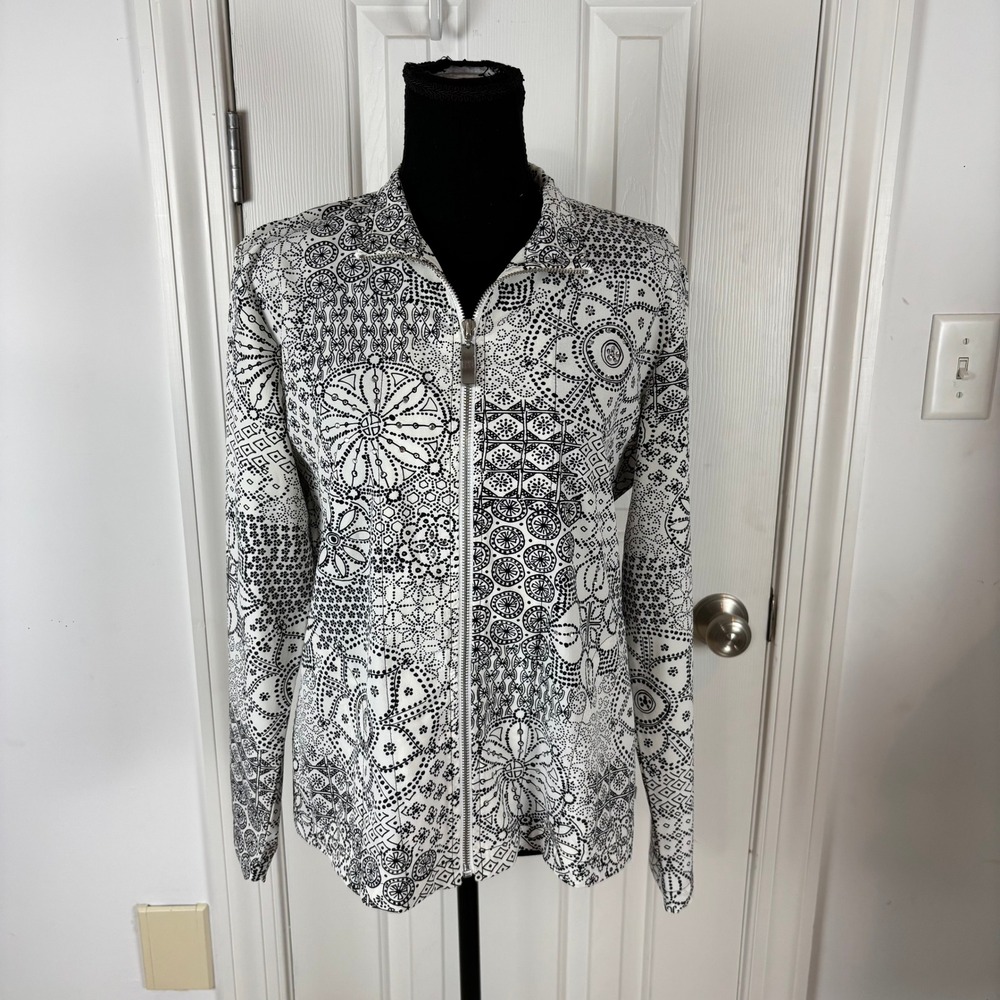 Zenergy by Chicos Women Size 1 Black White Geometric Mandala Zip Up Jacket